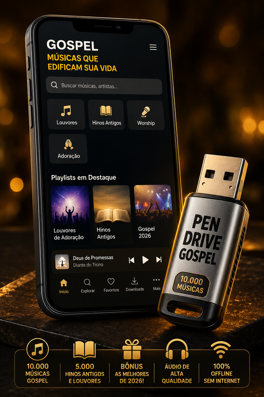 Celular com o app gospel e pen drive com 10.000 músicas gospel offline